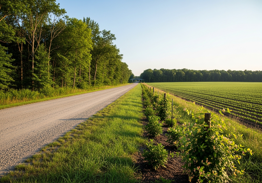 A gravel road separating a dense forest from an agricultural field, with an overpass in the distance.
