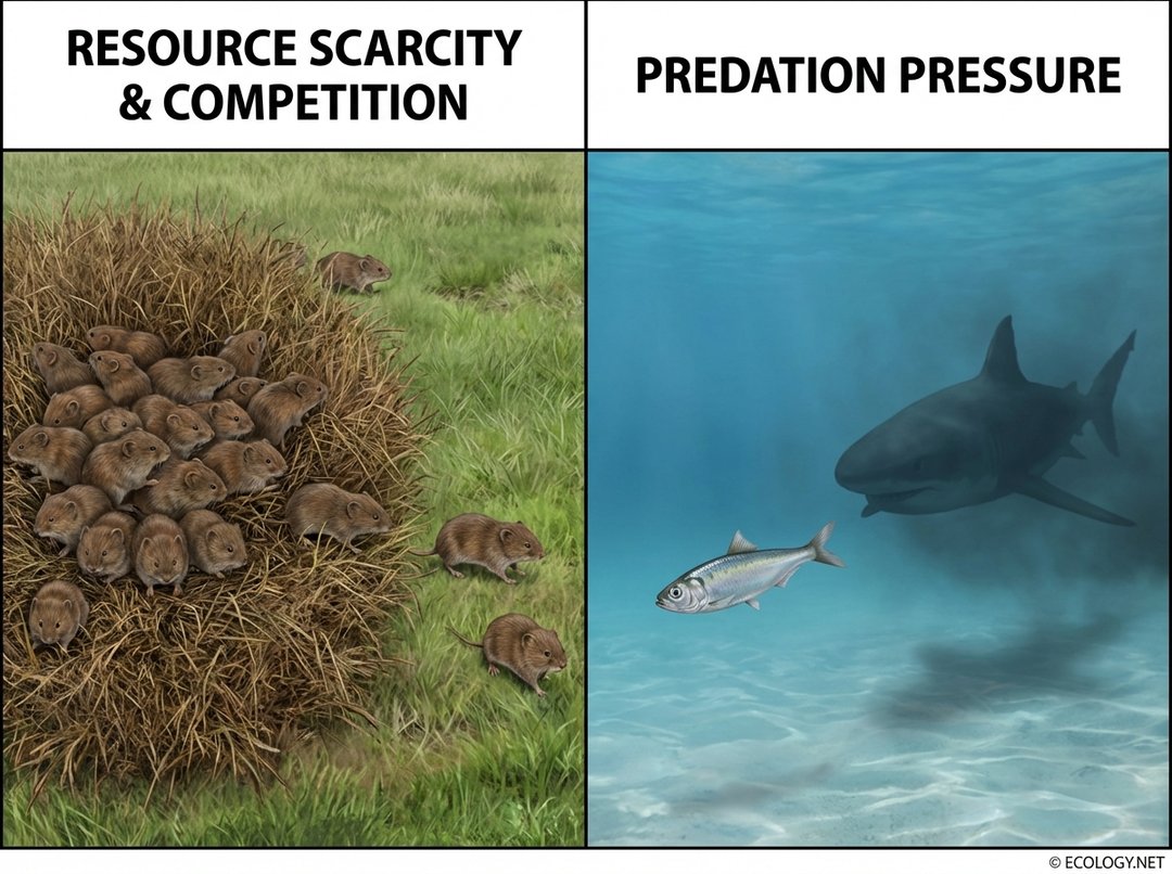 Split diagram showing voles leaving an overcrowded area due to resource scarcity and a fish escaping a shark due to predation pressure.