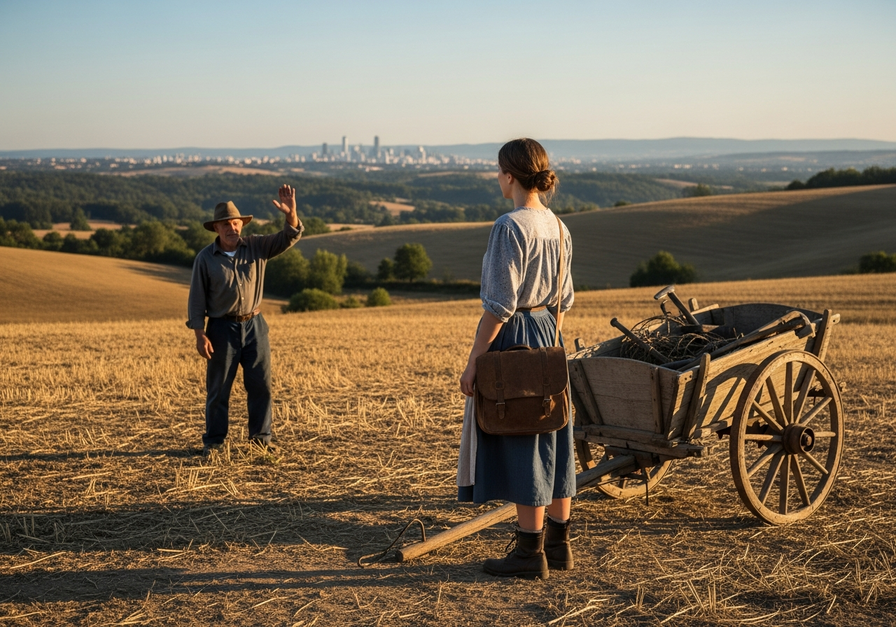 A young woman with a satchel standing in a rural field, looking towards a distant city skyline, symbolizing economic migration from rural to urban areas.