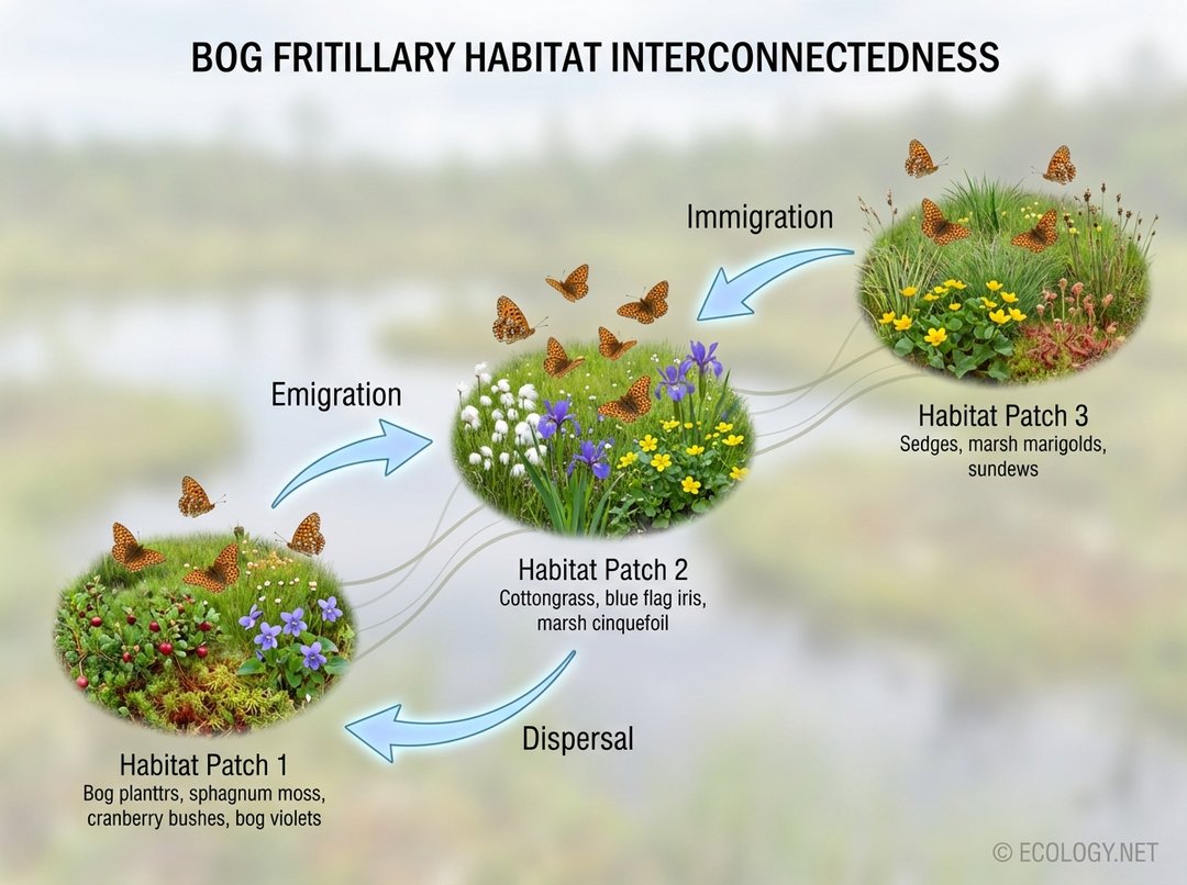 Diagram showing three habitat patches with butterflies, connected by arrows indicating emigration and immigration, illustrating metapopulation dynamics.