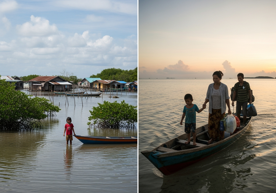 Split screen showing flooded homes on an island on the left and a family boarding a boat at sunrise on the right, depicting climate-driven migration.