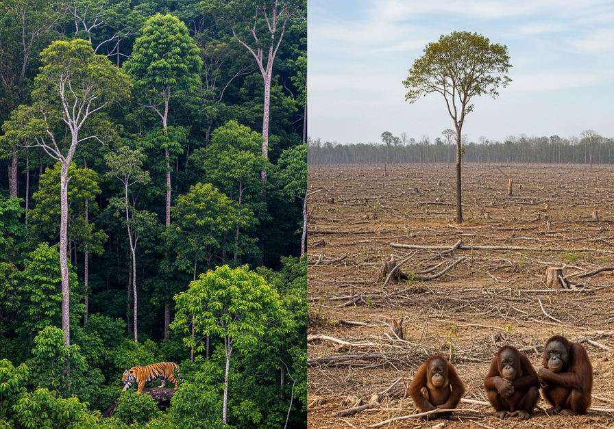 A split screen image showing a lush rainforest with a tiger on the left, and the same area deforested with orangutans on the right, illustrating habitat loss.