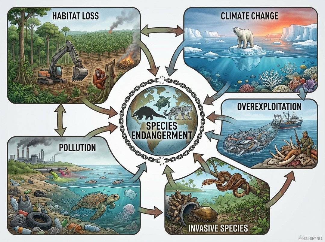 Infographic depicting five key threats to species: habitat loss, climate change, overexploitation, invasive species, and pollution, with illustrative icons.