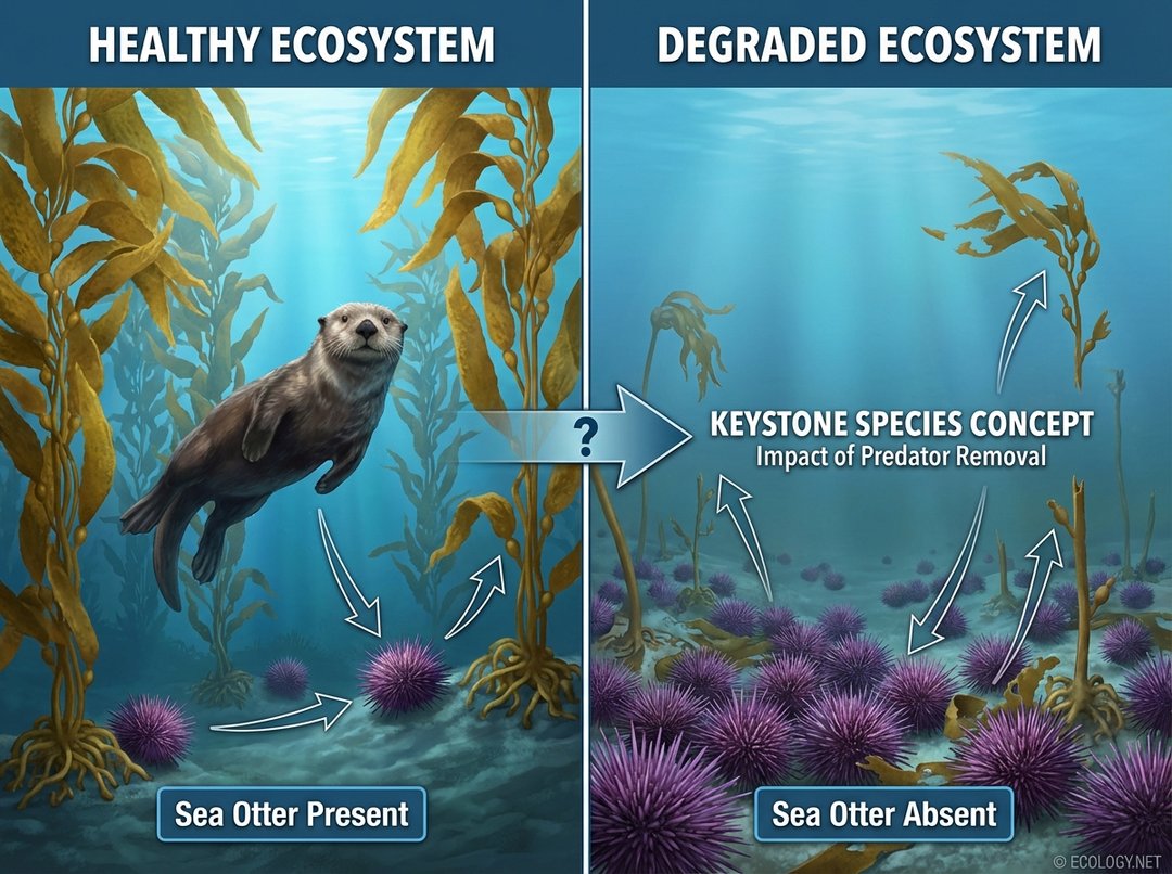 Diagram contrasting a healthy kelp forest ecosystem with sea otters present versus a degraded ecosystem with abundant sea urchins and sparse kelp where sea otters are absent.