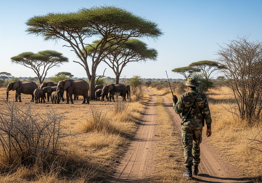 A wildlife ranger in camouflage walking on a dusty track with African elephants grazing in the background, depicting active conservation efforts.