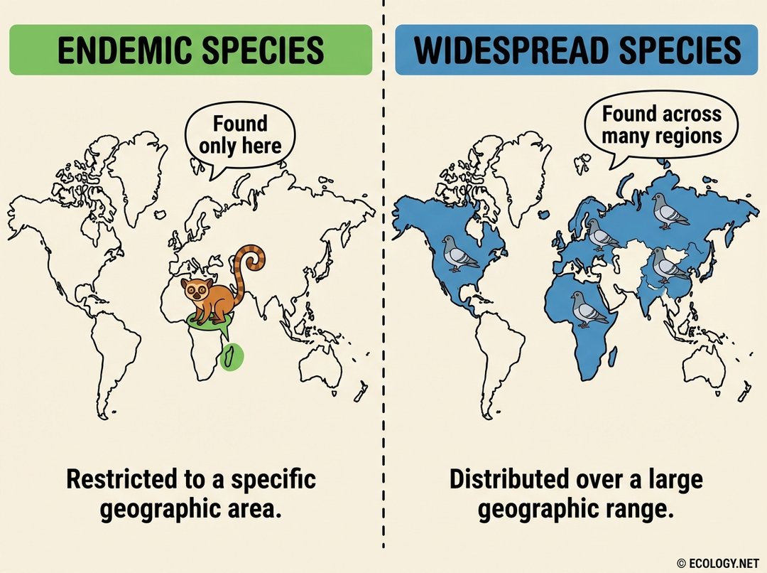 Diagram illustrating endemism with a lemur on a single island (endemic) versus pigeons across multiple continents (widespread).