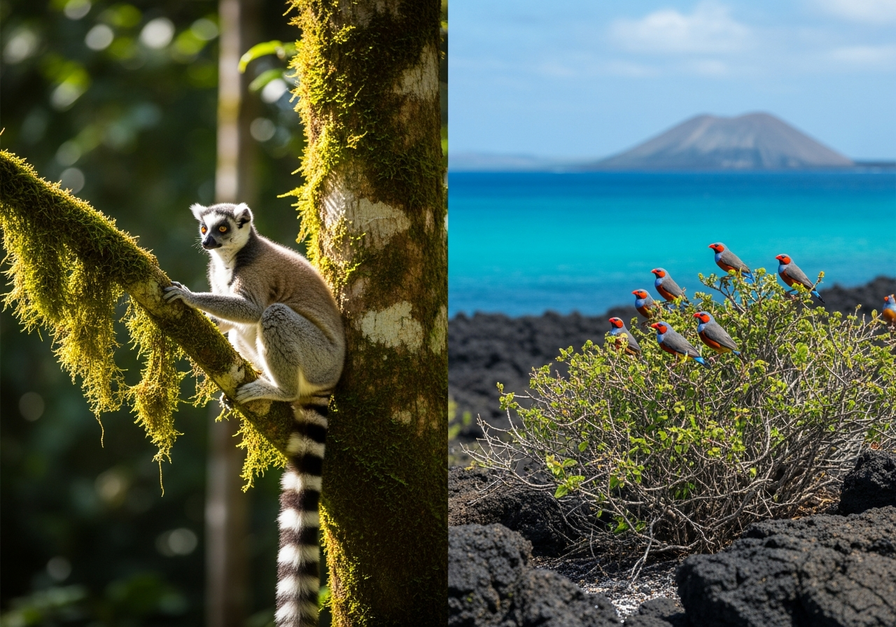 Split screen showing a ring-tailed lemur in a Madagascar forest and Darwin's finches on Galápagos cliffs, illustrating geographic isolation and endemism.