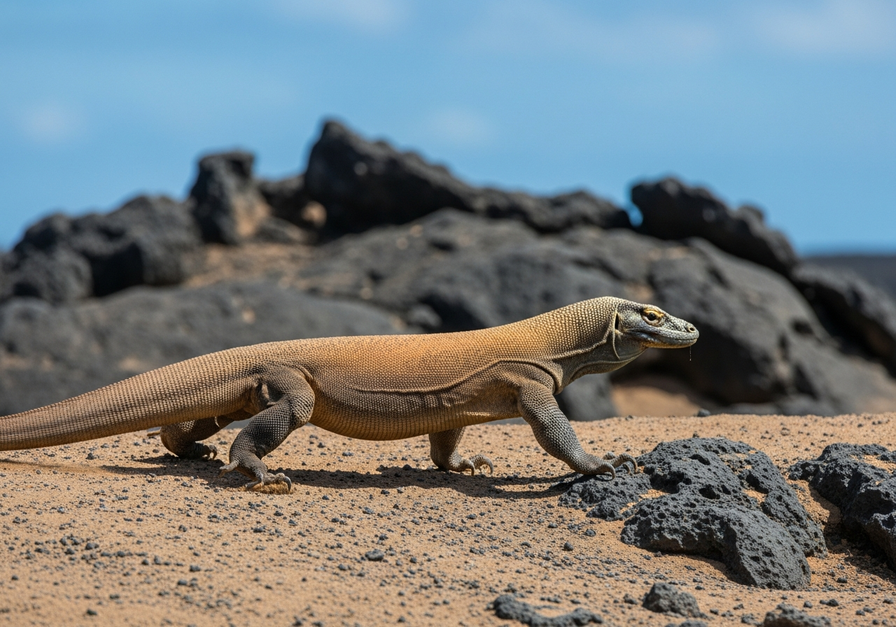 A Komodo dragon walking on a sandy volcanic ridge on Komodo Island, highlighting its restricted endemic habitat.