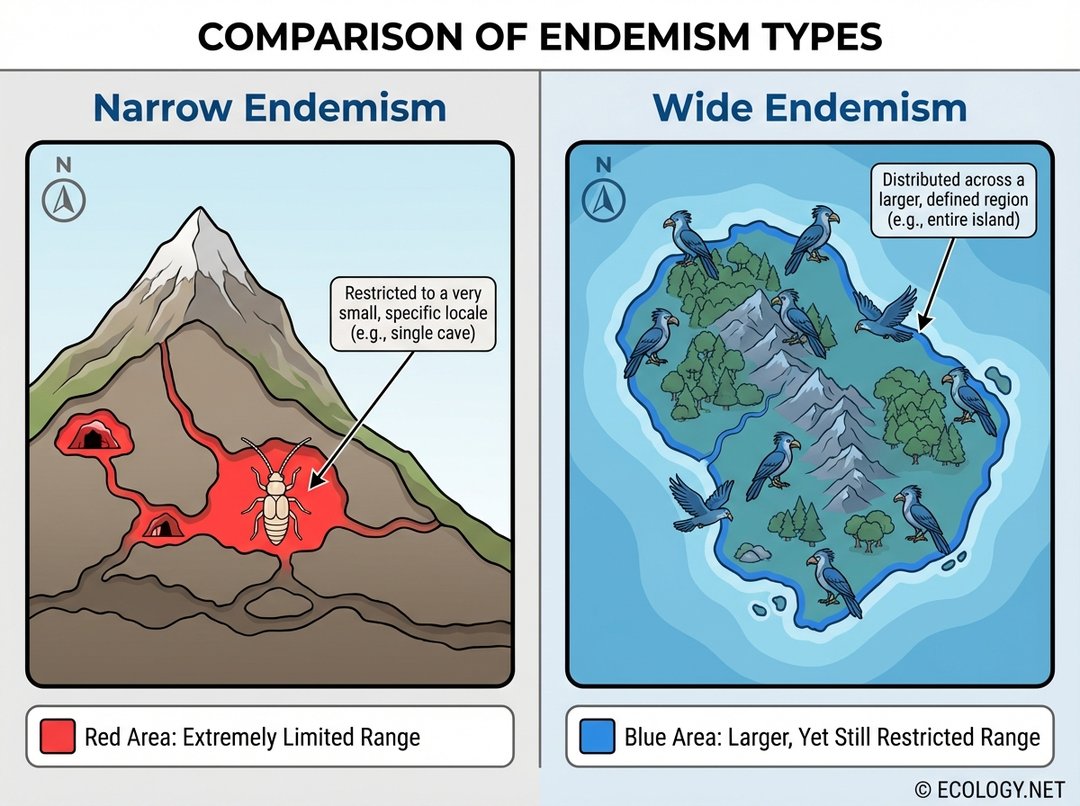 Diagram comparing narrow endemism (insect in a cave) with wide endemism (bird in a larger region like an island).