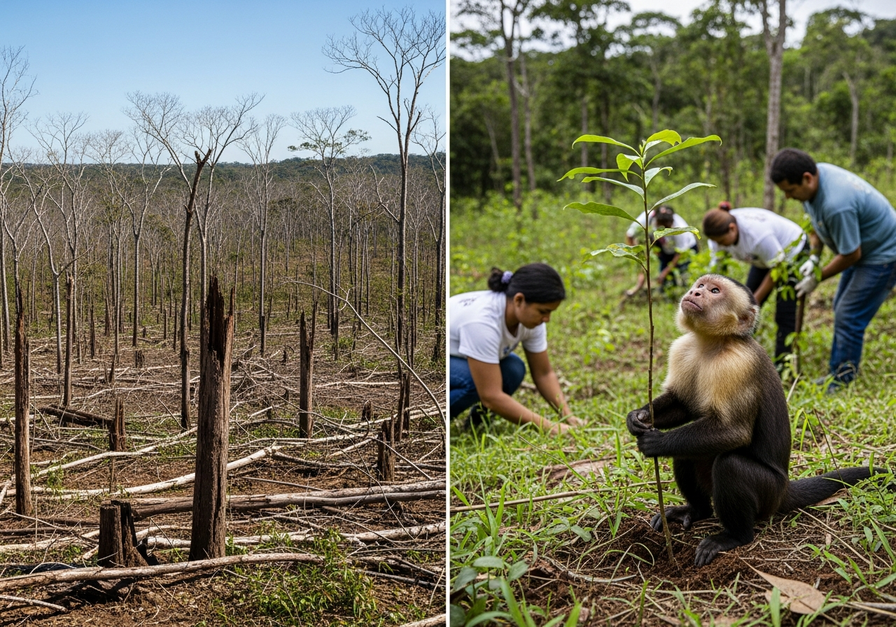 Split screen showing a deforested patch of Brazil's Atlantic Forest juxtaposed with a reforestation site where community members plant trees, with a capuchin monkey on a sapling.