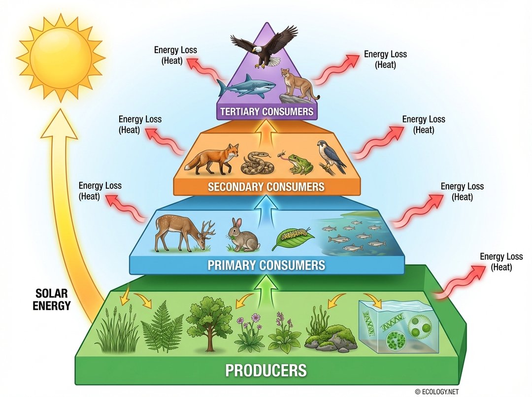 Diagram illustrating a basic energy pyramid with producers, primary, secondary, and tertiary consumers, showing upward energy flow and energy loss.