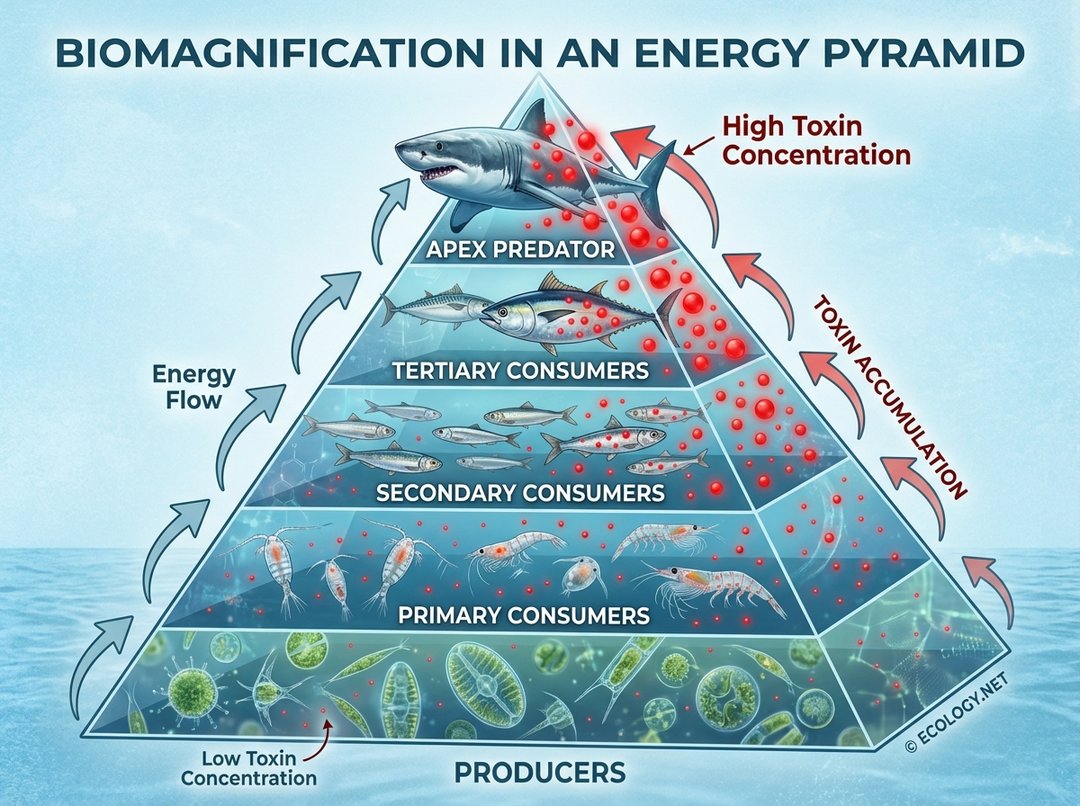 Diagram illustrating biomagnification within an energy pyramid, showing increasing toxin concentration from producers to apex predators.