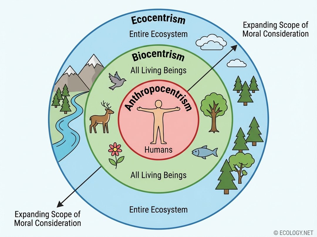 Diagram illustrating anthropocentric, biocentric, and ecocentric ethical frameworks with expanding concentric circles.