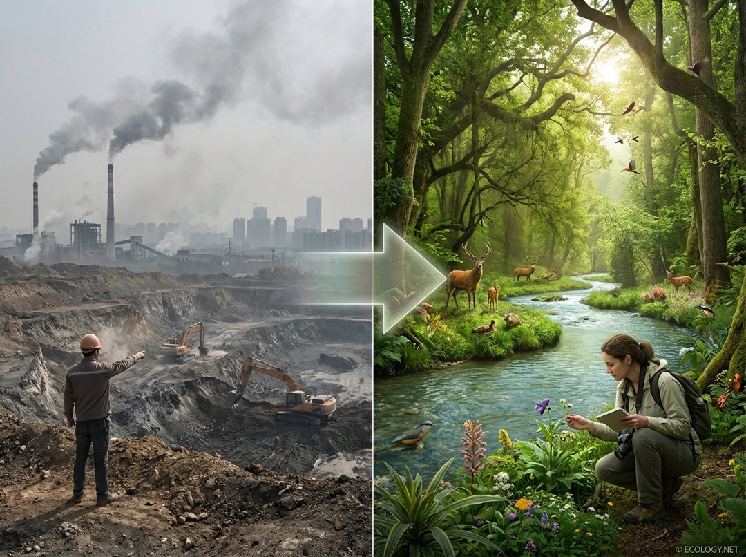 Diptych showing an industrial landscape on the left and a lush natural landscape with harmonious human interaction on the right, symbolizing a shift in environmental perspective.