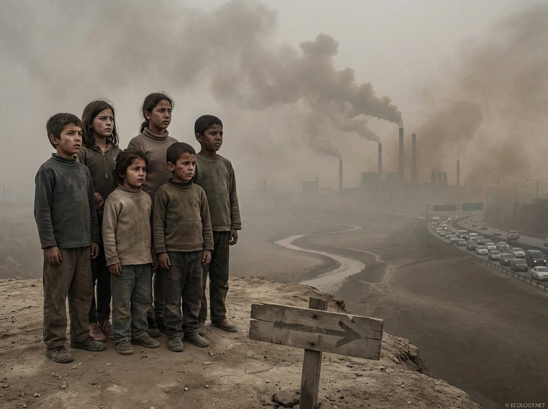 Image depicting children looking at a polluted landscape, with industrial activity in the background, symbolizing intergenerational justice and climate change impact.