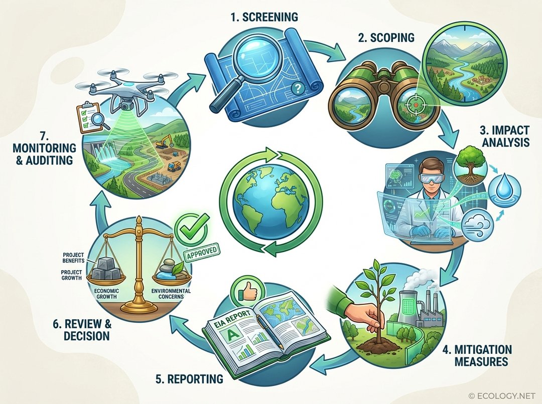 Diagram illustrating the seven-step Environmental Impact Assessment (EIA) process as a circular flow with icons and labels.
