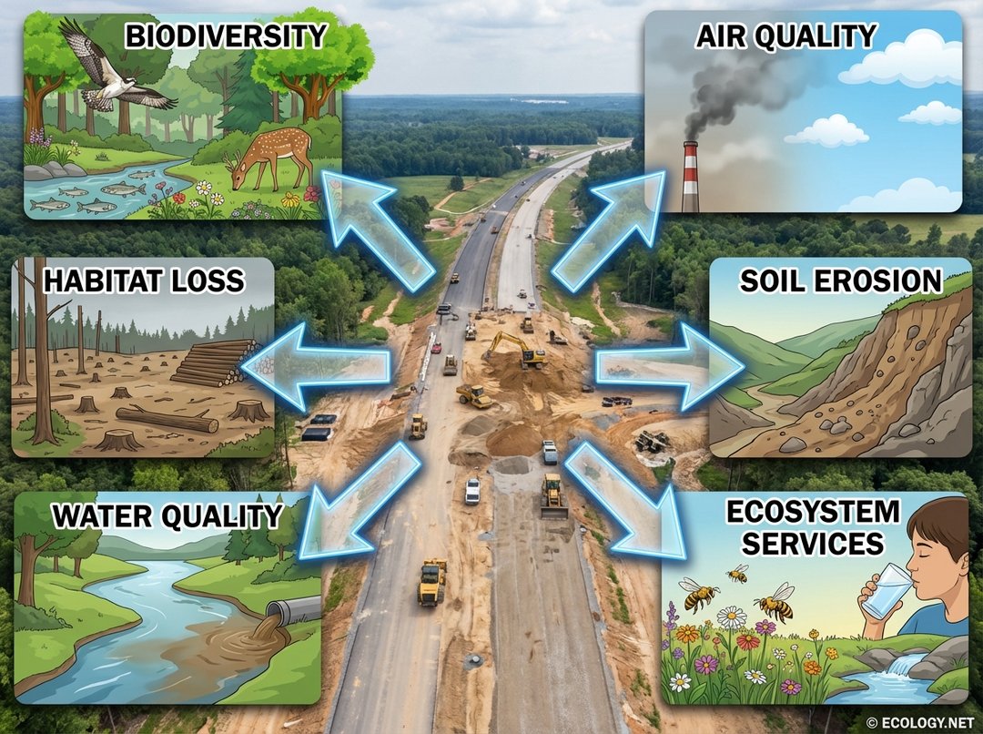 Illustration showing a construction project with arrows pointing to various ecological elements like biodiversity, water quality, and habitat loss, representing key EIA considerations.