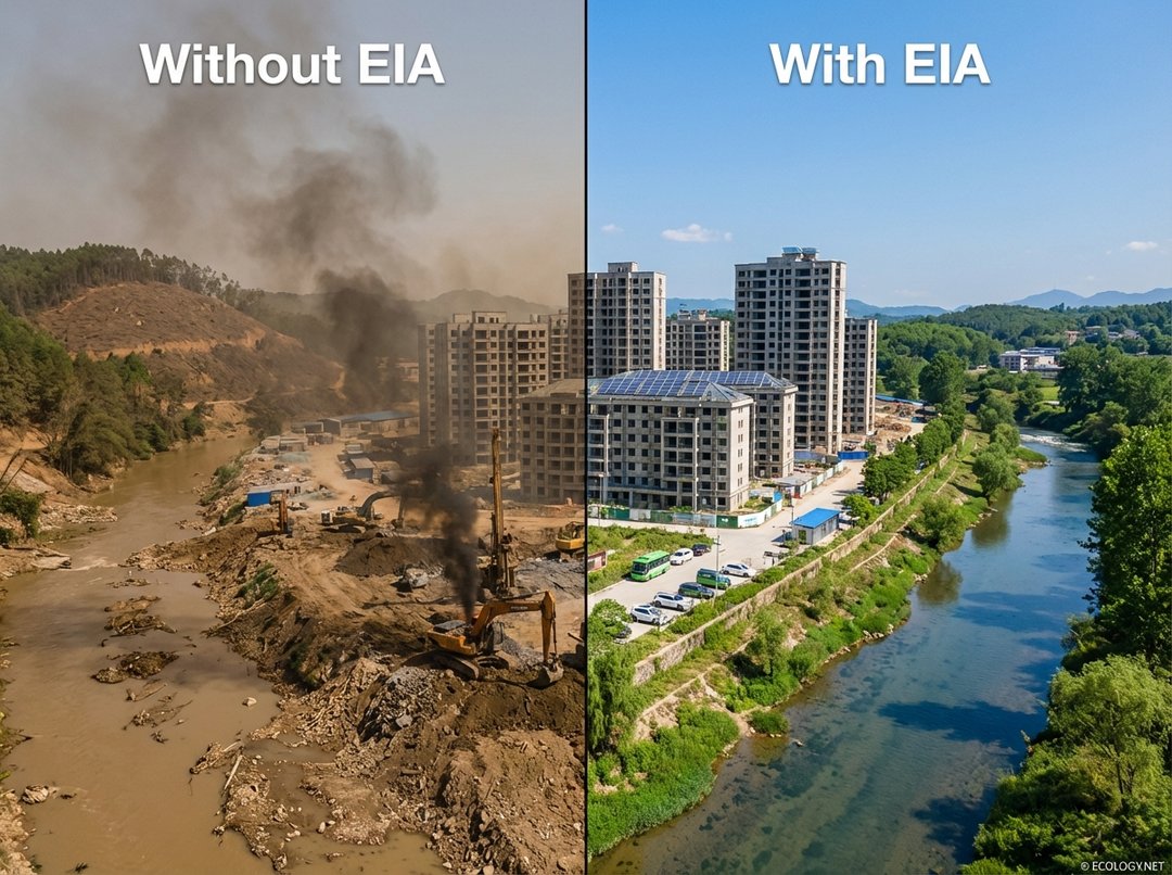 Split-screen image comparing a polluted construction site without EIA to a sustainable one with EIA, highlighting proactive planning benefits.