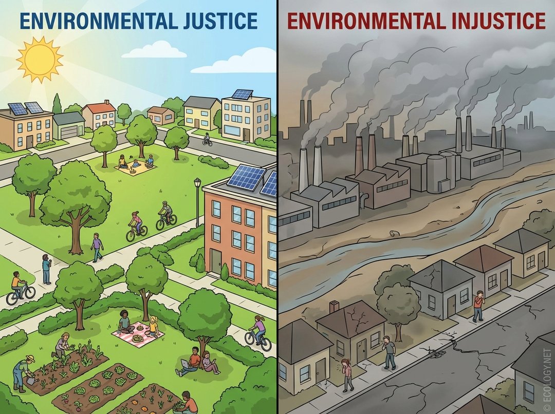 Illustrative diagram contrasting a healthy, green neighborhood labeled 'Environmental Justice' with a polluted industrial area labeled 'Environmental Injustice'.