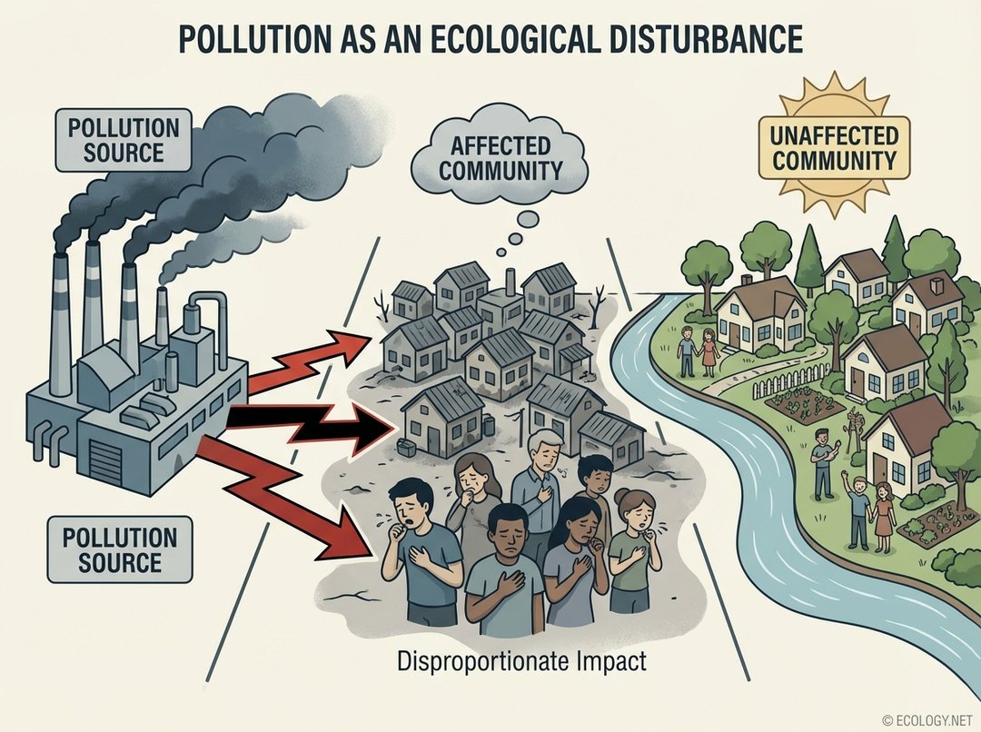 Diagram showing a factory emitting pollution towards an 'Affected Community' while an 'Unaffected Community' remains clean, illustrating disproportionate environmental impact.