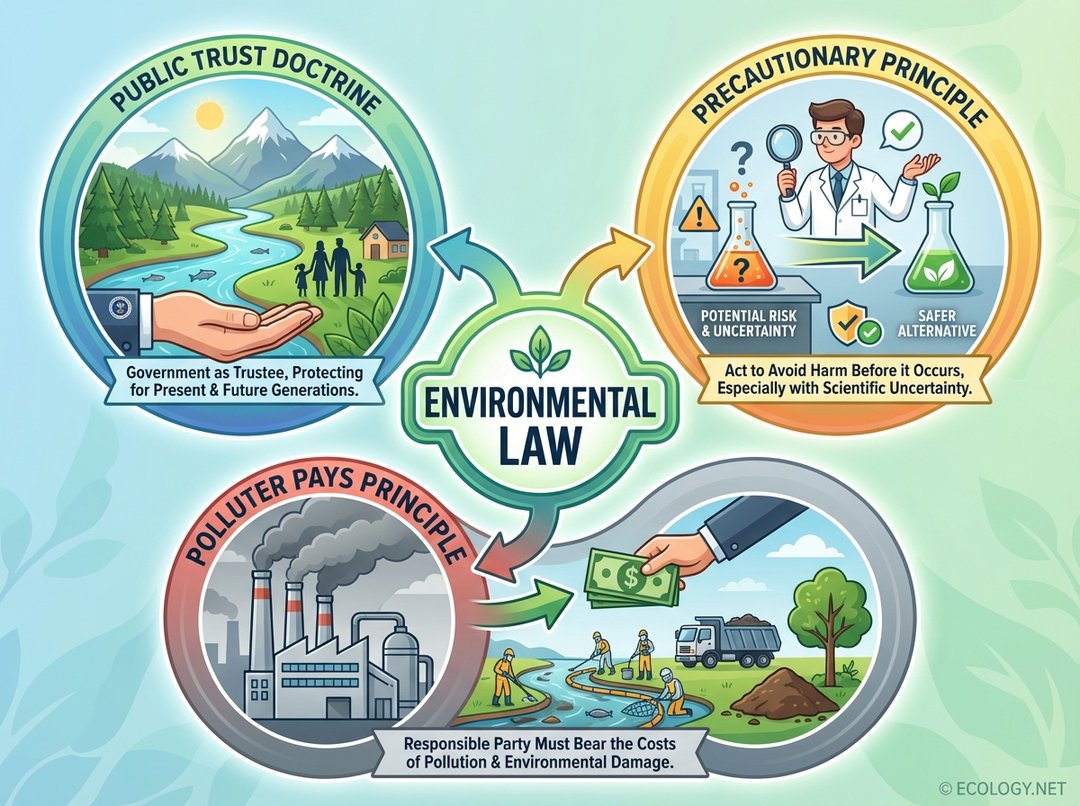 Diagram illustrating the core principles of environmental law: Public Trust Doctrine, Precautionary Principle, and Polluter Pays Principle.