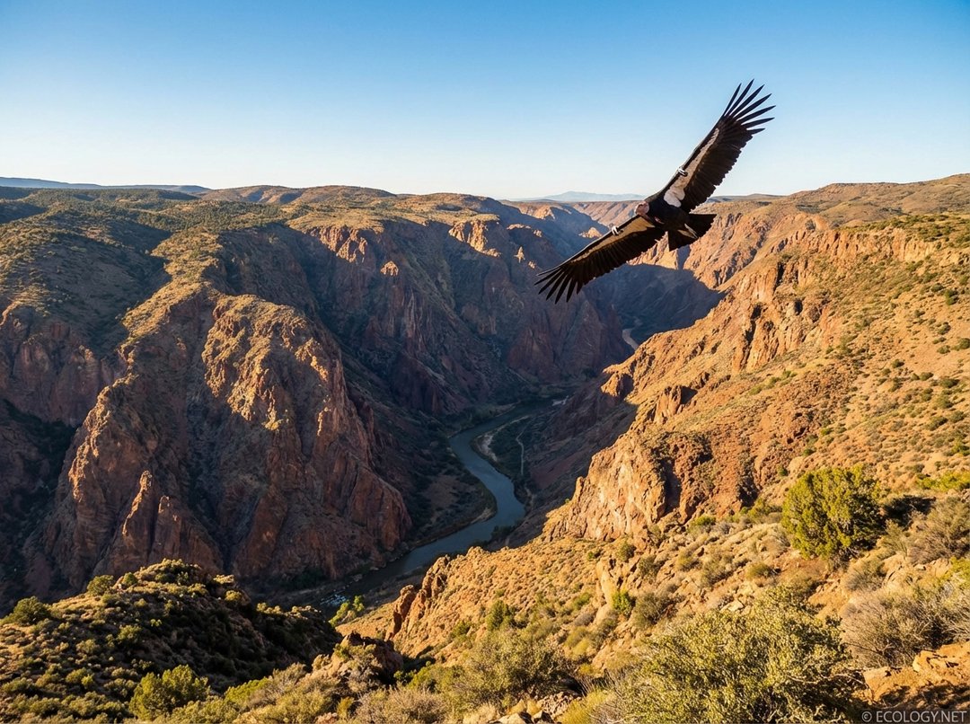 A majestic California Condor soaring high above a rugged canyon landscape, symbolizing endangered species protection.