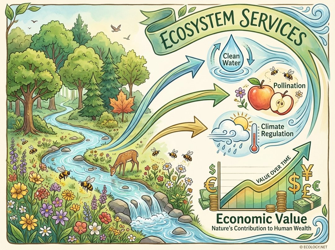 Diagram illustrating ecosystem services, showing nature providing clean water, pollination, and climate regulation, with an indication of economic value.