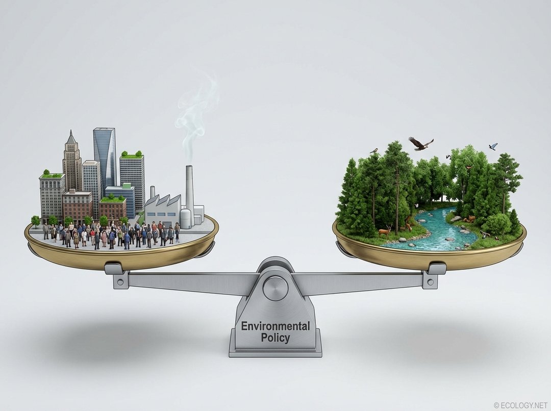 An illustrative diagram showing a perfectly balanced scale with human needs on one side and ecosystem health on the other, representing environmental policy's role.
