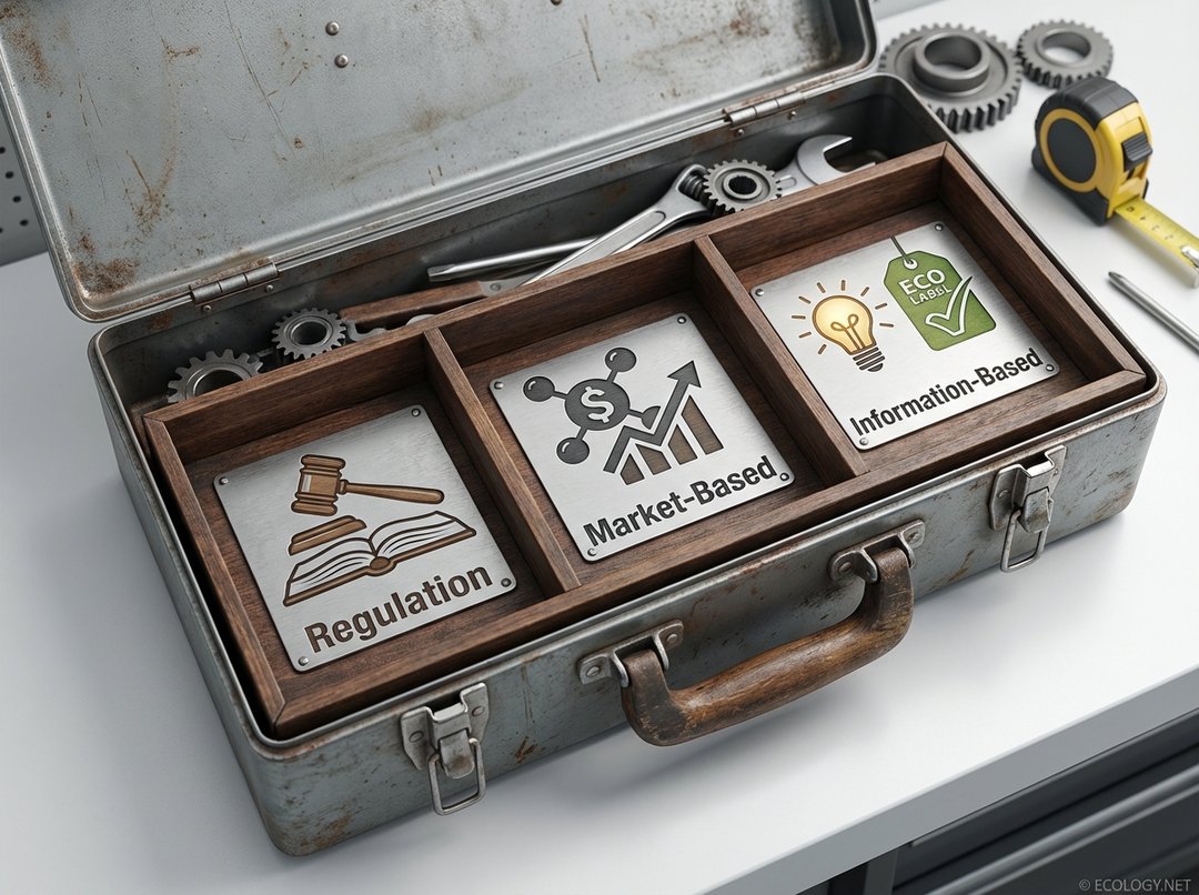 An open toolbox diagram revealing compartments for regulation, market-based, and information-based environmental policy instruments.