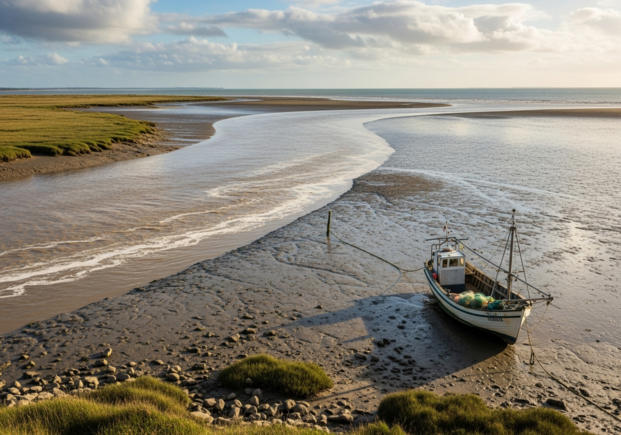 A wide angle view of a coastal estuary showing the transition from muddy river water to clearer ocean water, with a fishing boat in the foreground.