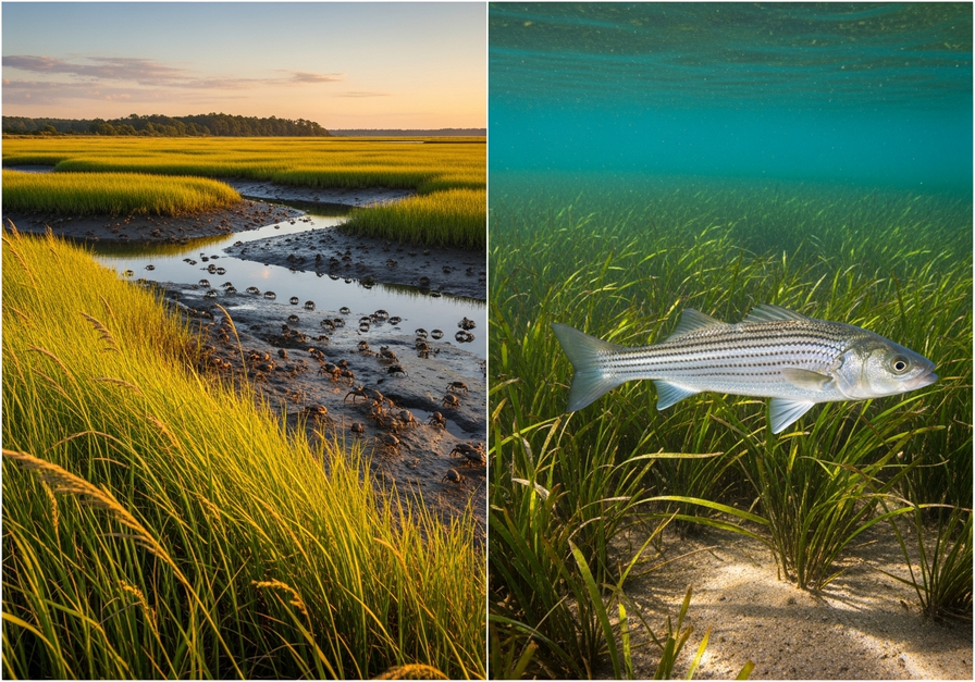 A split screen image showing a salt marsh with crabs on the left and a striped bass swimming in eelgrass on the right, illustrating estuarine life.