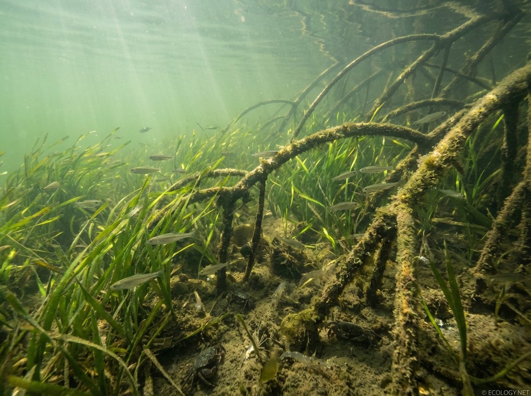 A vibrant underwater scene in an estuary, showing juvenile fish, crabs, and shrimp hiding among seagrass beds, illustrating its role as a marine nursery.
