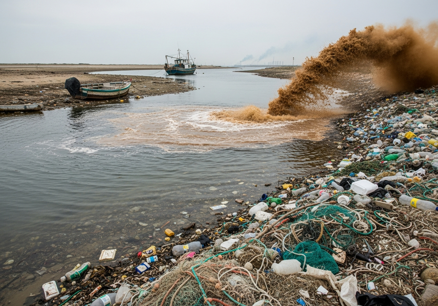 An estuary shoreline showing plastic debris, industrial runoff, and a fishing boat, depicting human pollution and habitat degradation.
