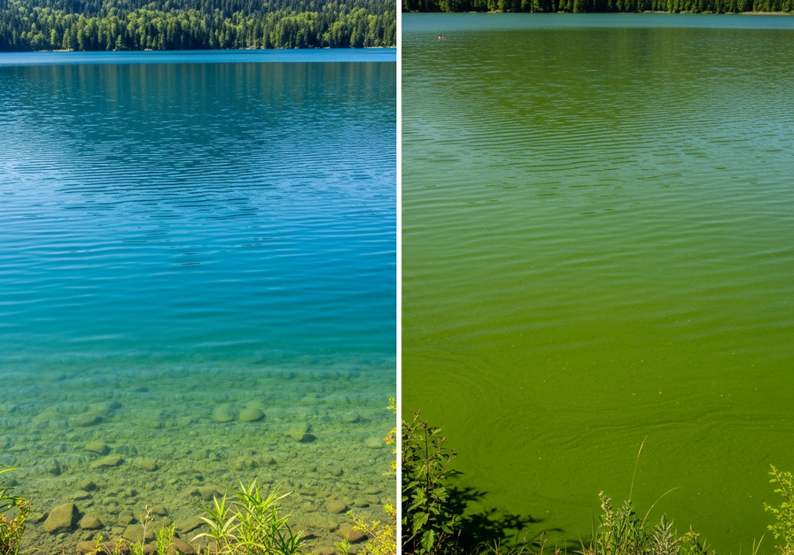 A split-screen image showing a pristine lake transforming into one covered in a thick green algal bloom, illustrating the visual impact of eutrophication.