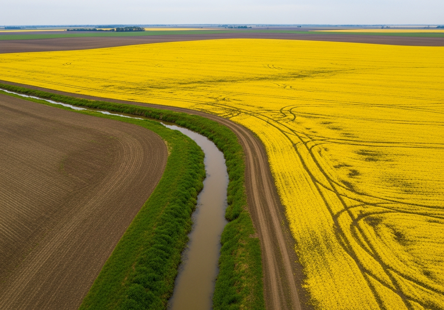 A high-altitude view of farmland with yellow fertilizer visible, showing a stream cutting through the field with a dark streak of nutrient runoff, illustrating agricultural pollution.