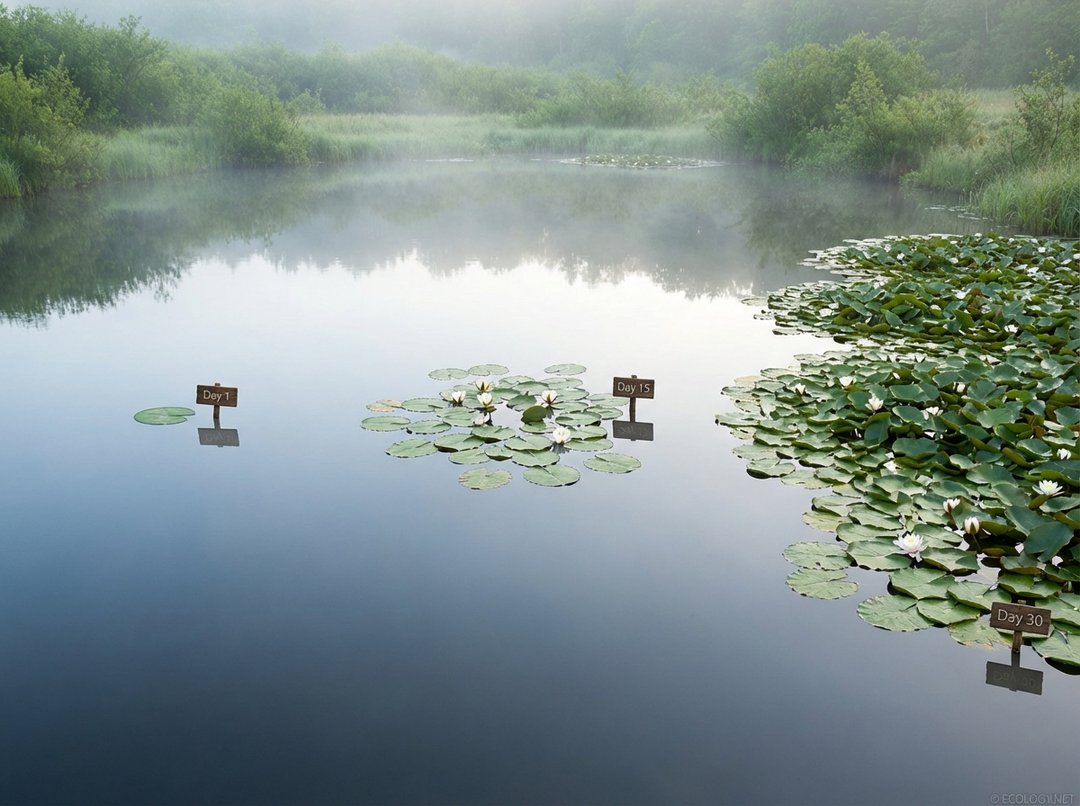 Illustration of a pond with lily pads showing exponential growth from Day 1 to Day 30.