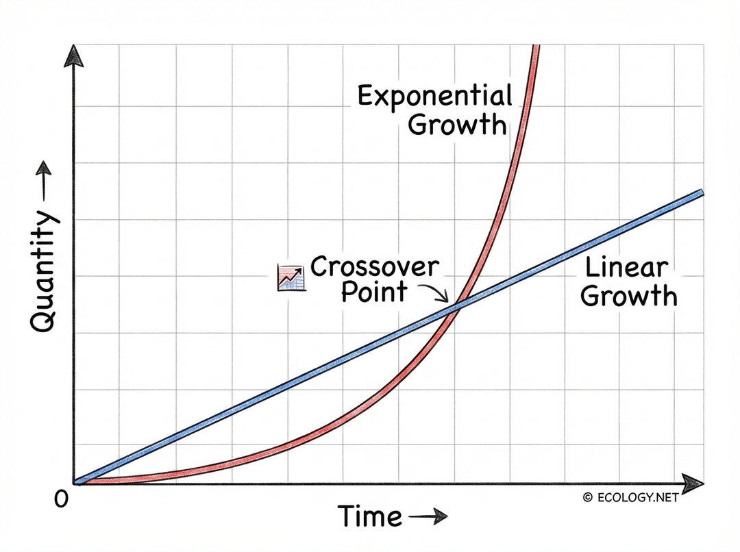 Graph comparing linear and exponential growth curves over time.
