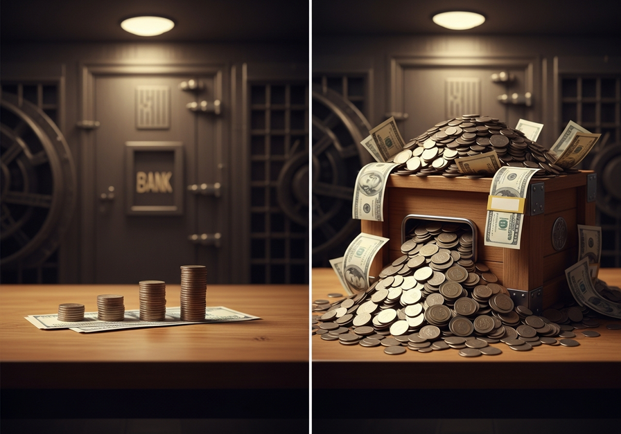 Split-screen showing a small pile of money on the left and a much larger, overflowing pile of money on the right, illustrating the compounding effect of interest.