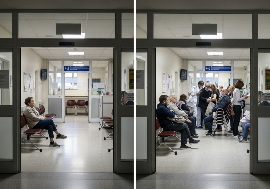 Split-screen showing a quiet hospital waiting room with one patient on the left and the same room crowded with multiple patients on the right, illustrating rapid disease spread.