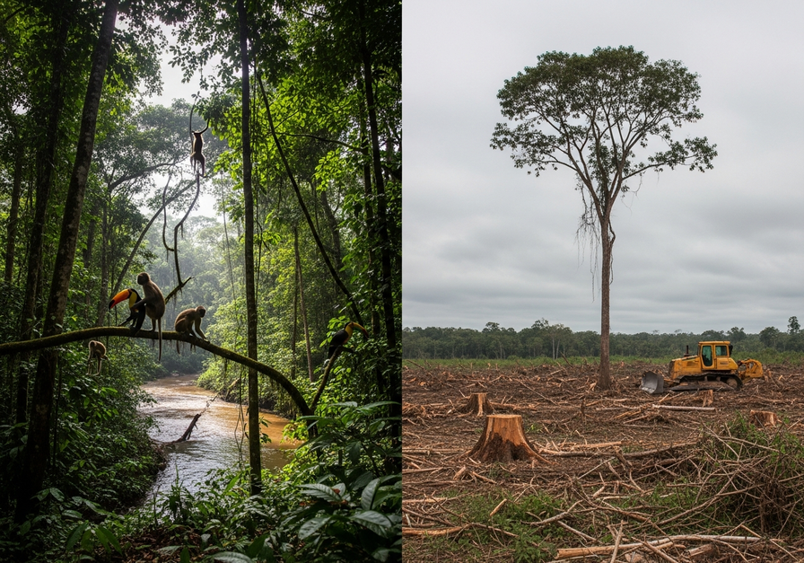 Split-screen showing a vibrant Amazon rainforest on the left and a deforested landscape with stumps and a bulldozer on the right, illustrating habitat loss.