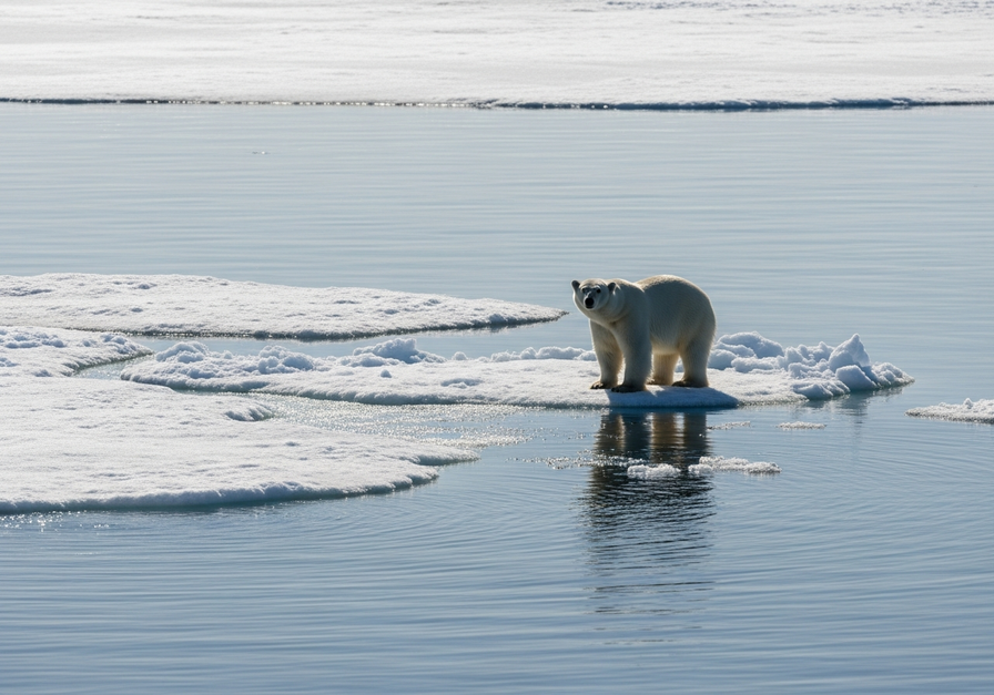 A solitary polar bear standing on a small, thinning patch of Arctic sea ice, symbolizing the impact of climate change.