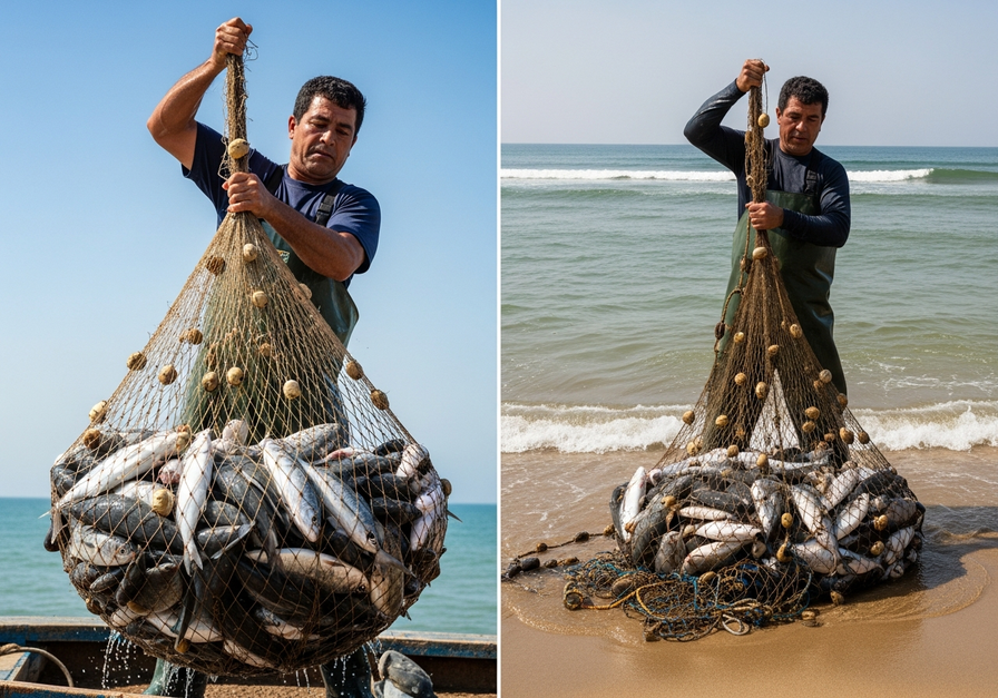 Split-screen showing a net full of fish on the left and an empty net on a barren seabed on the right, depicting overexploitation.