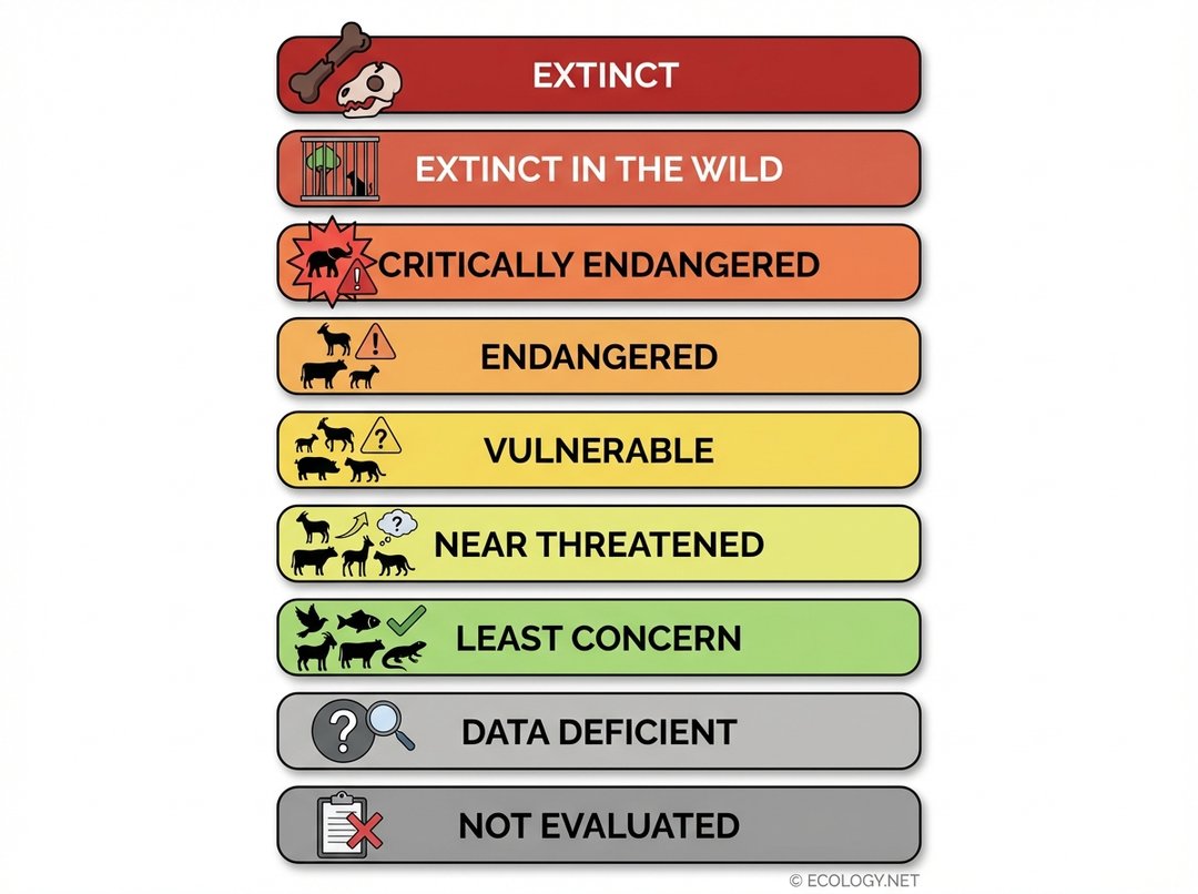 Diagram illustrating the nine IUCN Red List categories for extinction risk, from Extinct to Not Evaluated, with corresponding colors and icons.