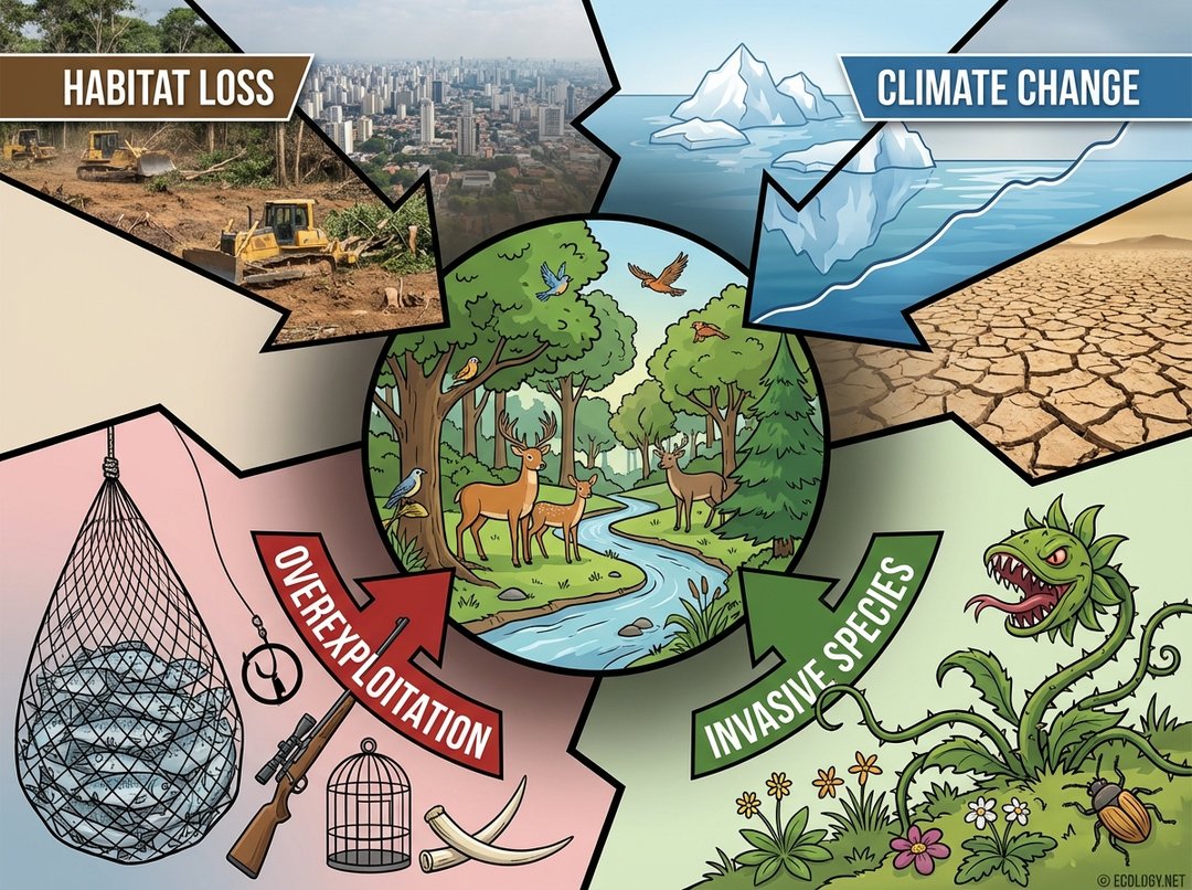 Illustrative diagram showing a healthy ecosystem being impacted by four major drivers of extinction: habitat loss, climate change, overexploitation, and invasive species.