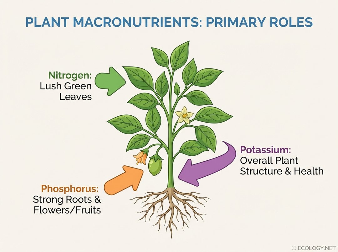Diagram illustrating the roles of Nitrogen, Phosphorus, and Potassium (NPK) in plant growth.
