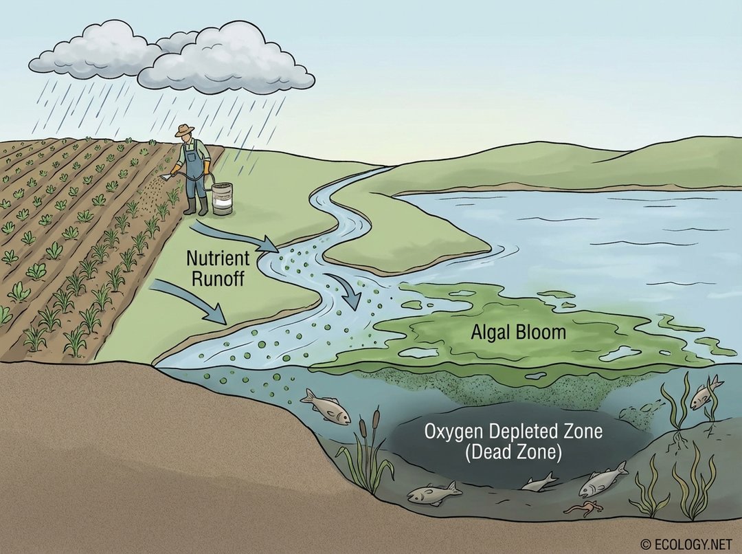 Diagram showing nutrient runoff from a farm field leading to eutrophication and an algal bloom in a body of water.