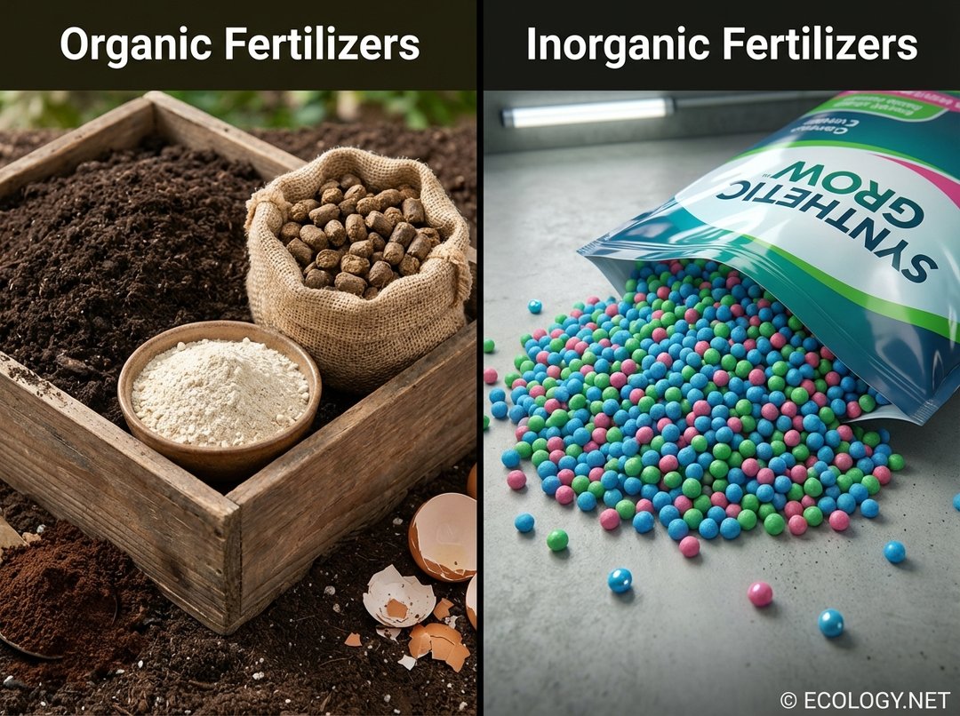 Comparison image showing natural organic fertilizers like compost on one side and synthetic inorganic fertilizer granules on the other.