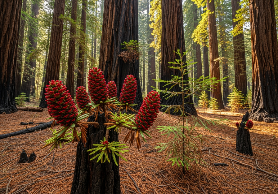 A sequoia grove after a low-intensity fire, showing open serotinous cones and new sprouts.