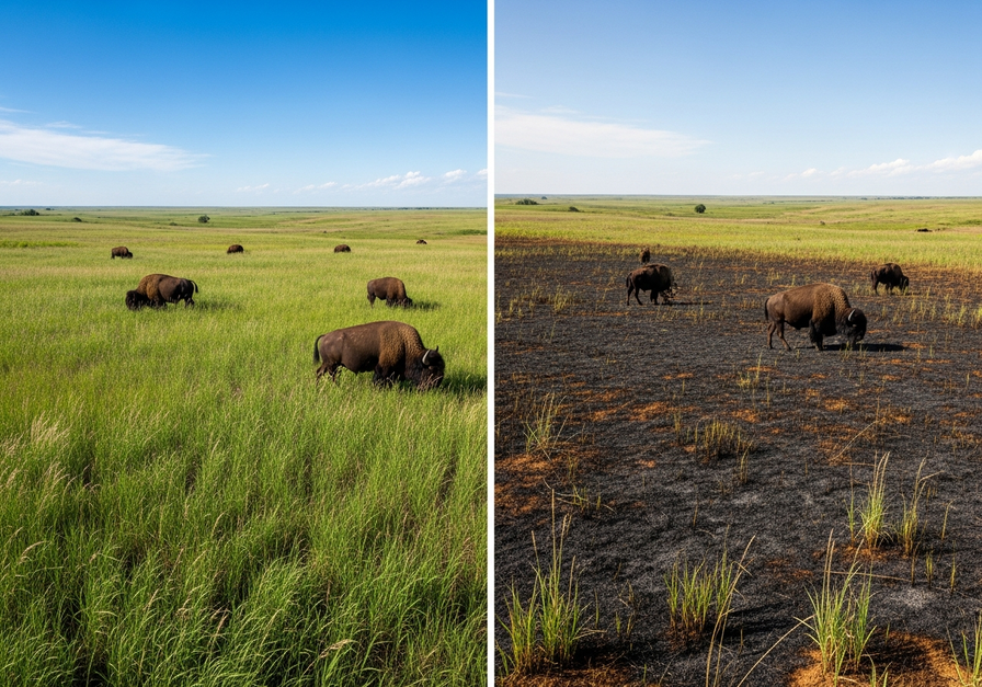Split image showing a vibrant unburned prairie next to a scorched but regenerating grassland after a low-intensity fire.