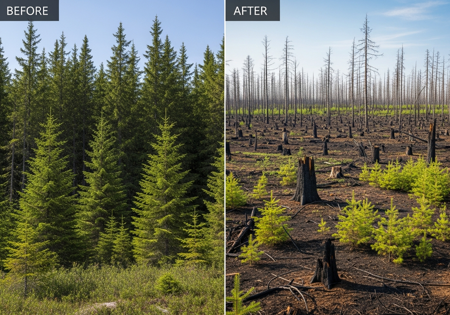 Split image showing a dense boreal forest before and after a high-intensity stand-replacing fire, with new saplings emerging.